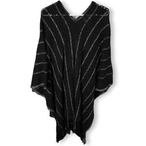 BCBG MaxAzria Fringe Tinsel Crochet Open Knit Pullover Poncho Sweater ONE SIZE